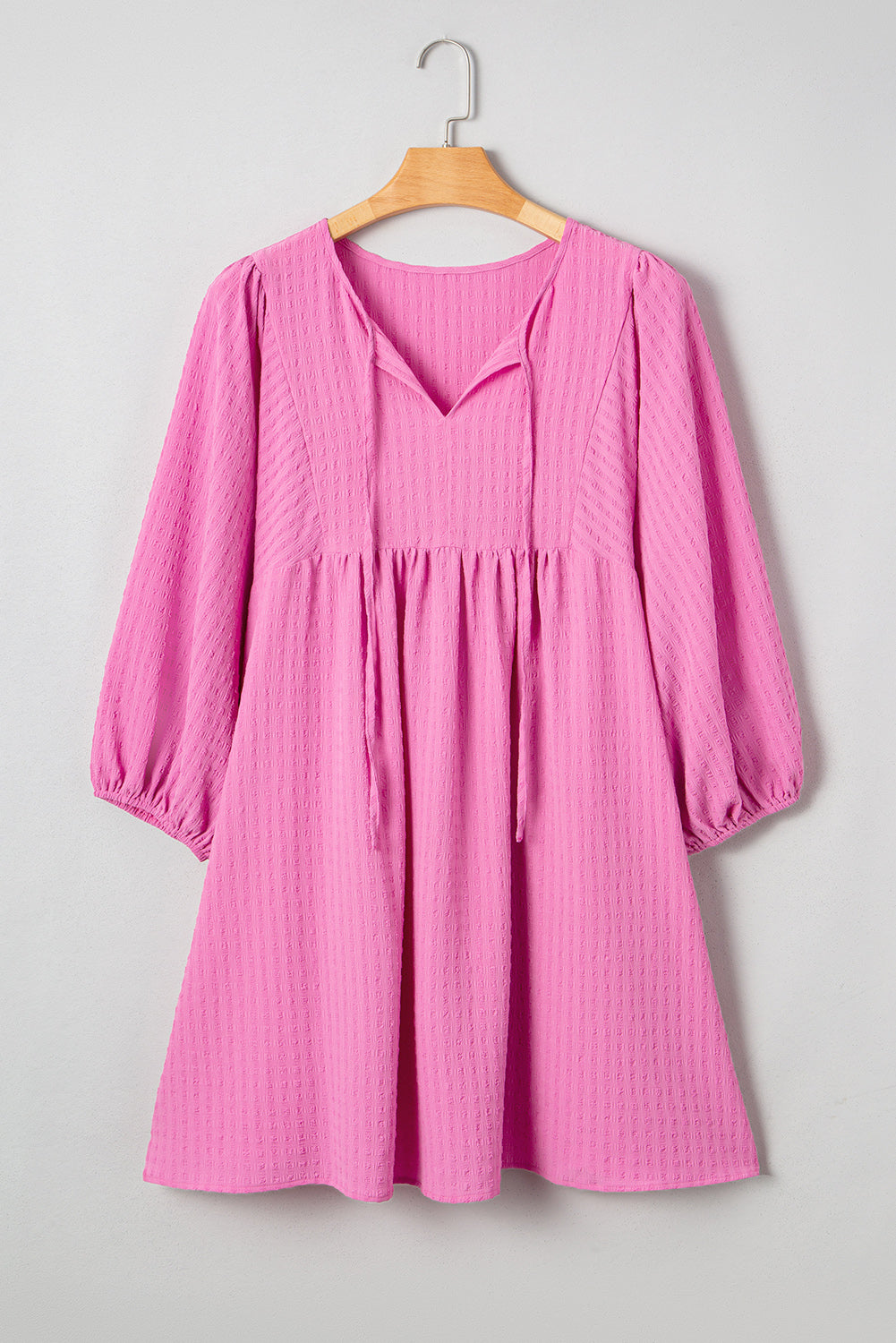 Premium Sachet Pink Plus Size Textured Tie Split Neck Puff Sleeve Flowy Mini Dress Dear-Lover Dropshipping